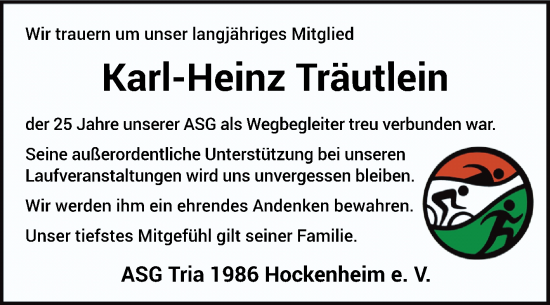 Traueranzeige von Karl-Heinz Träutlein von Schwetzinger Zeitung