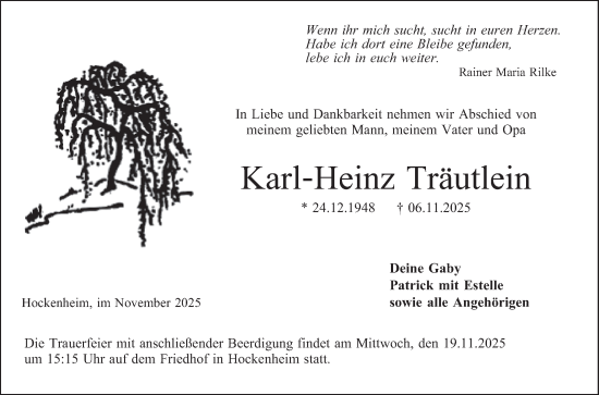 Traueranzeige von Karl-Heinz Träutlein von Schwetzinger Zeitung