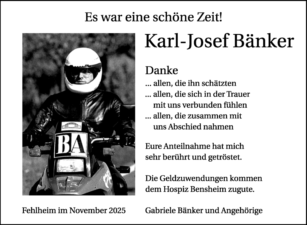  Traueranzeige für Karl-Josef Bänker vom 22.11.2025 aus Bergsträßer Anzeiger