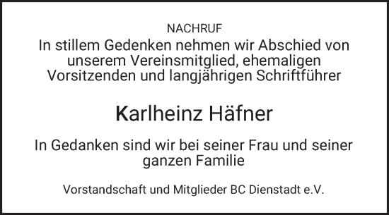 Traueranzeige von Karlheinz Häfner von Fränkische Nachrichten