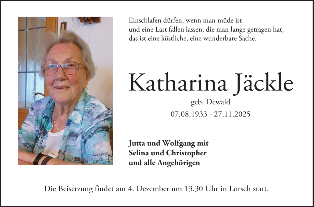  Traueranzeige für Katharina Jäckle vom 29.11.2025 aus Bergsträßer Anzeiger