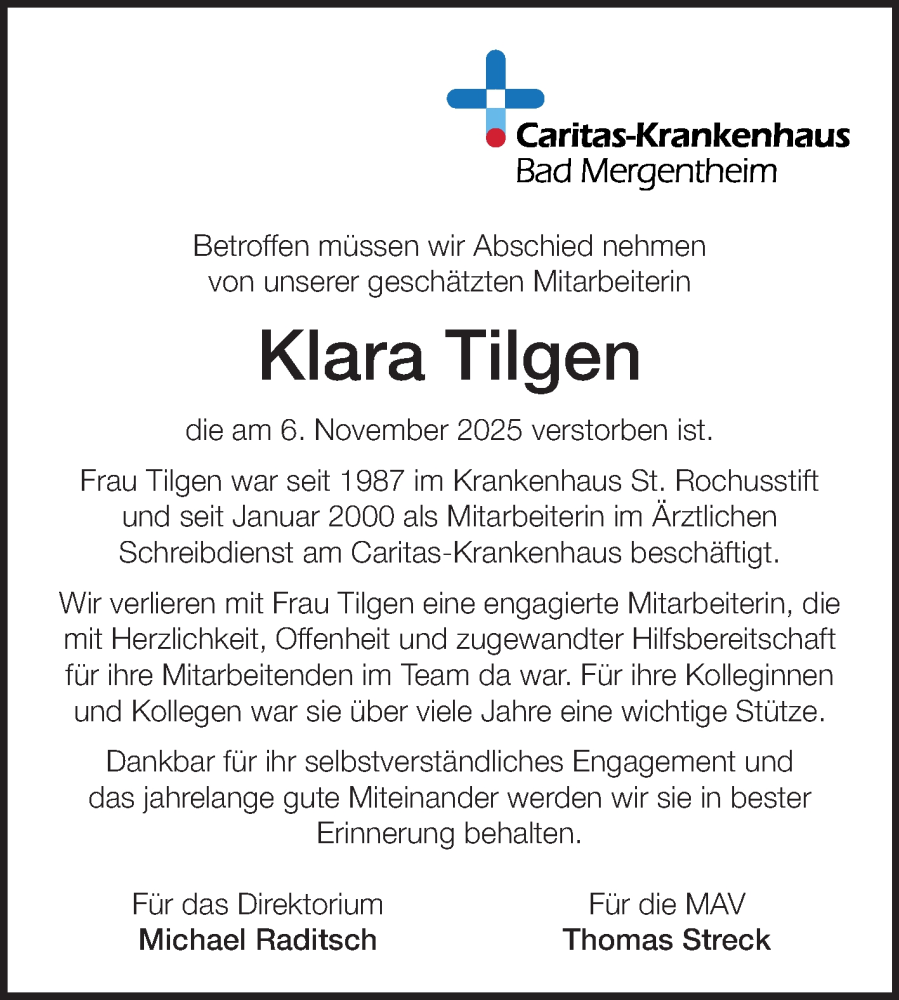  Traueranzeige für Klara Tilgen vom 15.11.2025 aus Fränkische Nachrichten