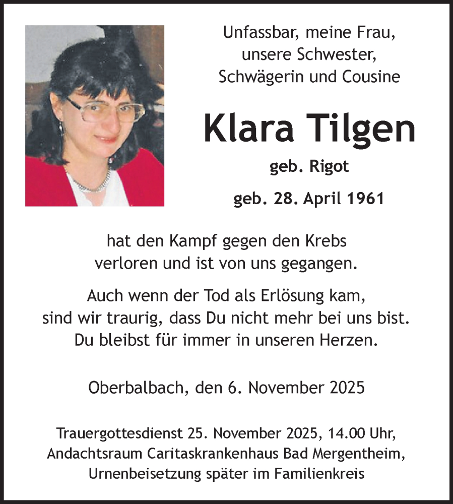  Traueranzeige für Klara Tilgen vom 15.11.2025 aus Fränkische Nachrichten