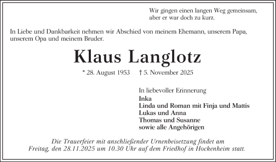 Traueranzeige von Klaus Langlotz von Schwetzinger Zeitung