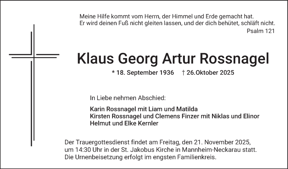  Traueranzeige für Klaus Georg Artur Rossnagel vom 15.11.2025 aus Mannheimer Morgen