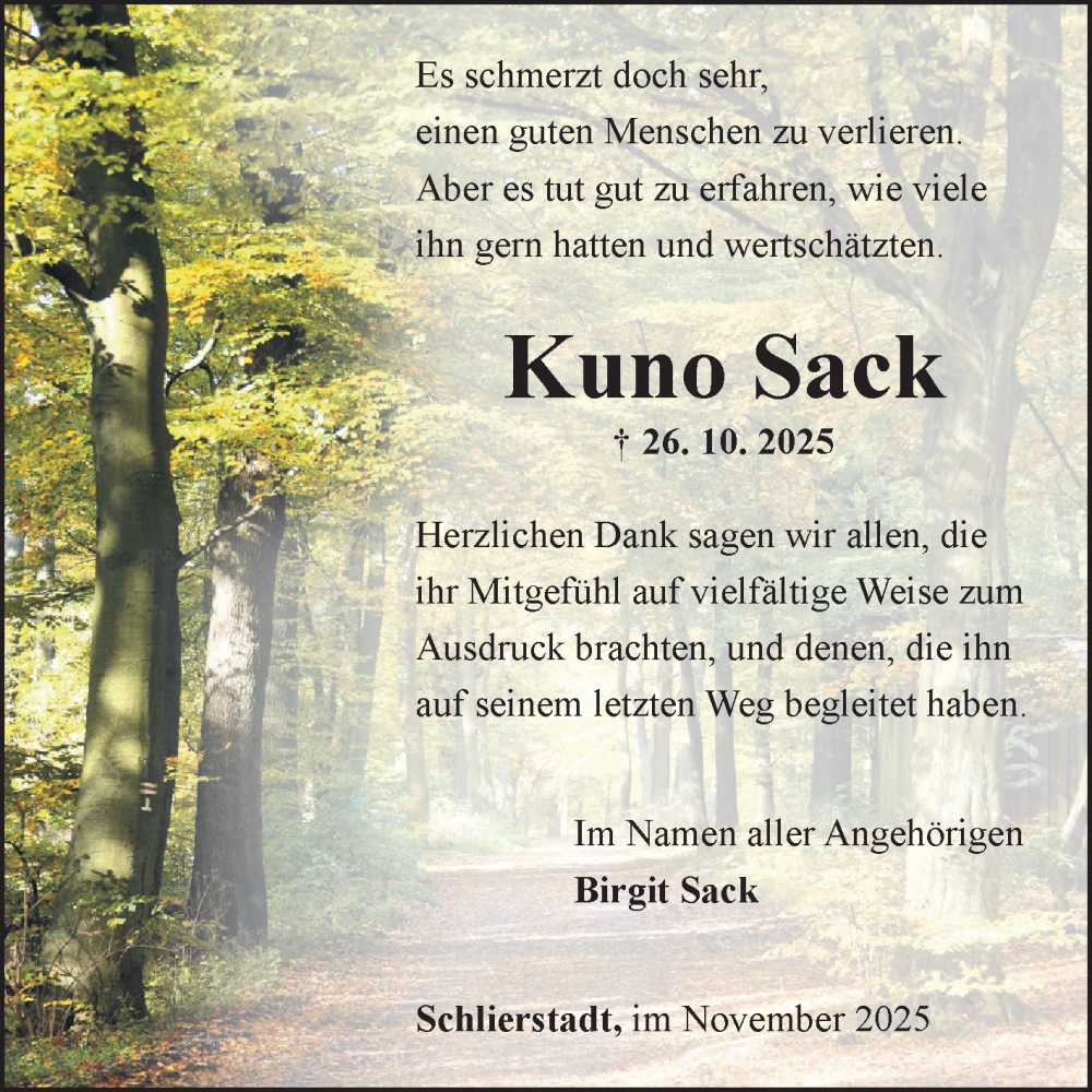  Traueranzeige für Kuno Sack vom 15.11.2025 aus Fränkische Nachrichten