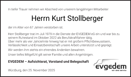 Traueranzeige von Kurt Stollberger von Fränkische Nachrichten