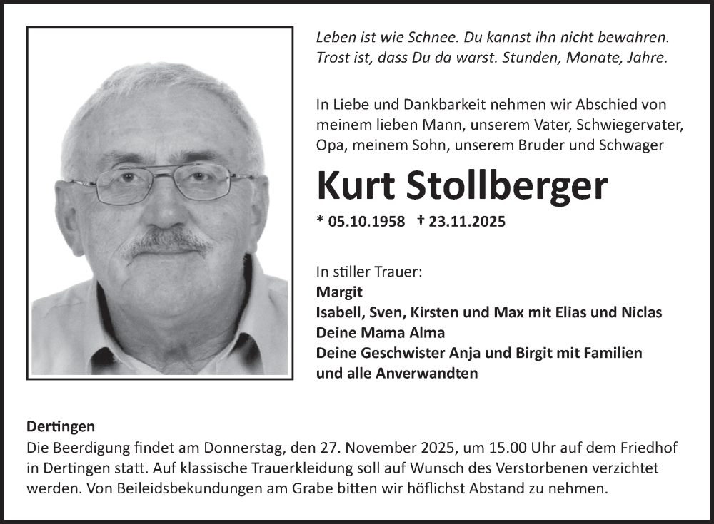  Traueranzeige für Kurt Stollberger vom 25.11.2025 aus Fränkische Nachrichten