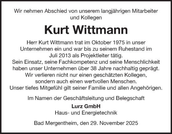 Traueranzeige von Kurt Wittmann von Fränkische Nachrichten