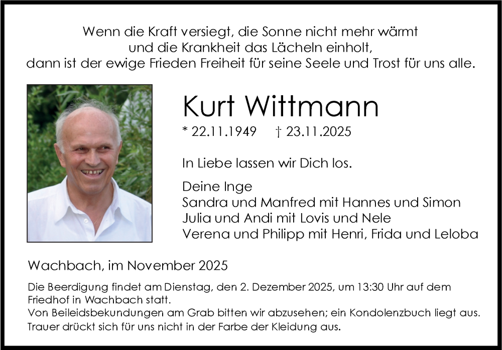  Traueranzeige für Kurt Wittmann vom 29.11.2025 aus Fränkische Nachrichten