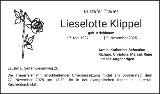 Traueranzeige von Lieselotte Klippel von Bergsträßer Anzeiger