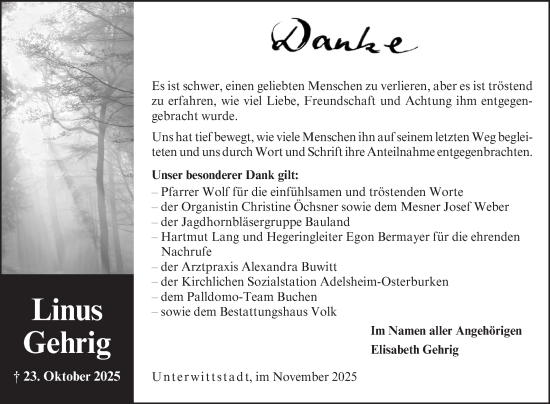 Traueranzeige von Linus Gehrig von Fränkische Nachrichten