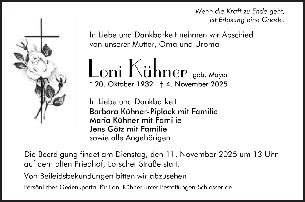  Traueranzeige für Loni Kühner vom 08.11.2025 aus Mannheimer Morgen