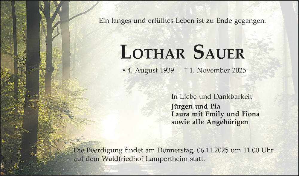  Traueranzeige für Lothar Sauer vom 05.11.2025 aus Mannheimer Morgen