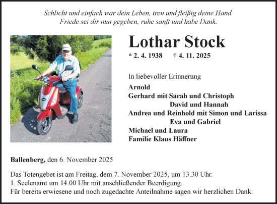 Traueranzeige von Lothar Stock von Fränkische Nachrichten