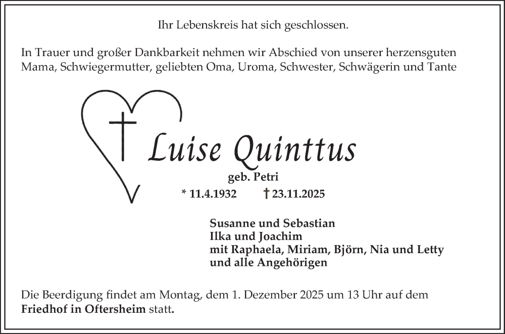  Traueranzeige für Luise Quinttus vom 29.11.2025 aus Schwetzinger Zeitung