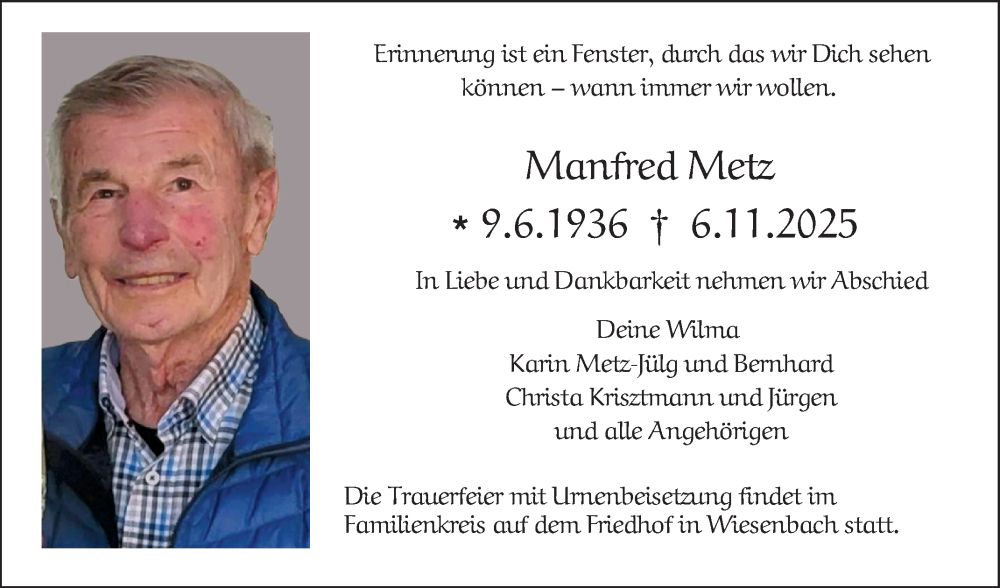  Traueranzeige für Manfred Metz vom 15.11.2025 aus Fränkische Nachrichten