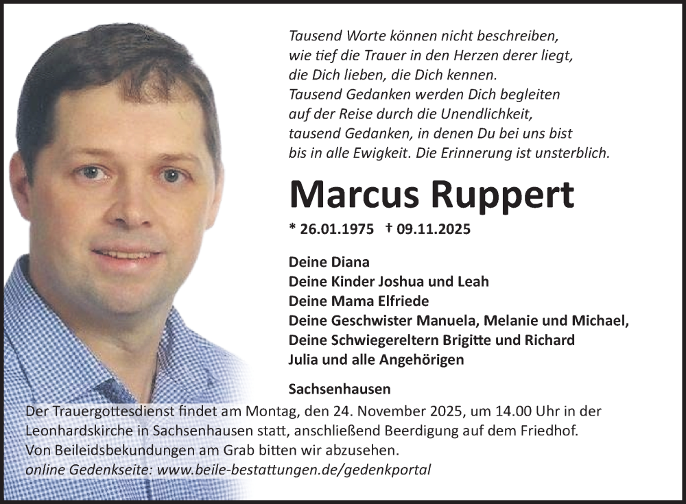  Traueranzeige für Marcus Ruppert vom 20.11.2025 aus Fränkische Nachrichten