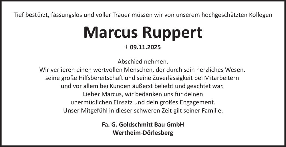  Traueranzeige für Marcus Ruppert vom 20.11.2025 aus Fränkische Nachrichten