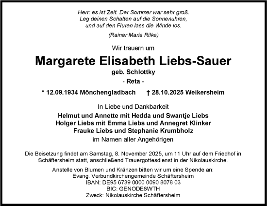 Traueranzeige von Margarete Elisabeth Liebs-Sauer von Fränkische Nachrichten