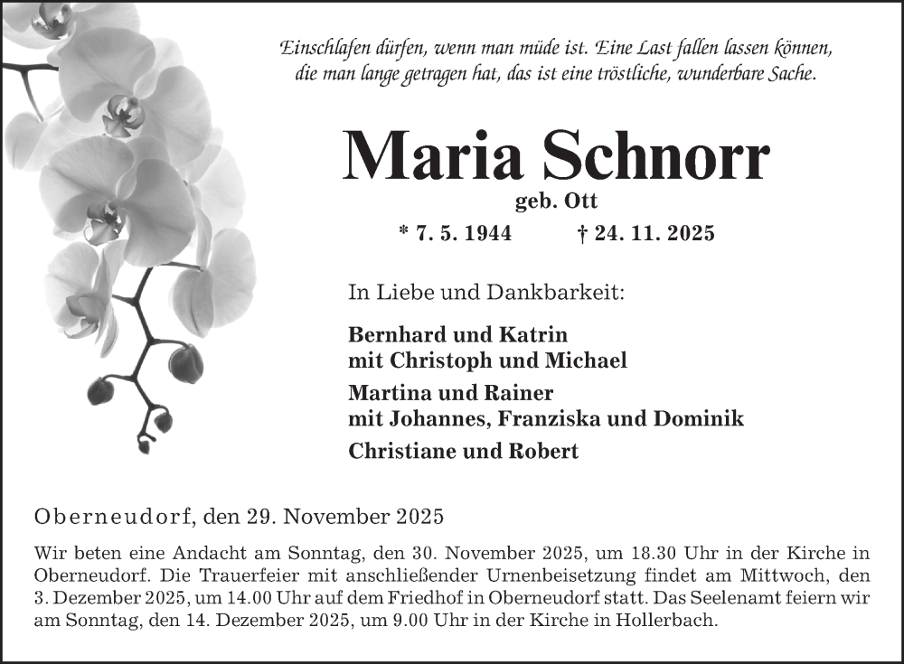  Traueranzeige für Maria Schnorr vom 29.11.2025 aus Fränkische Nachrichten