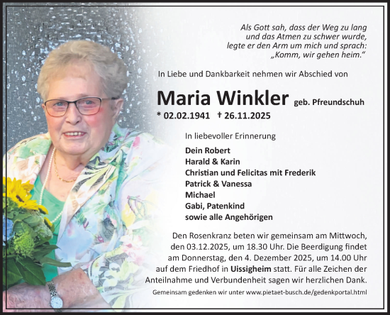 Traueranzeige von Maria Winkler von Fränkische Nachrichten