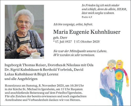 Traueranzeige von Maria Eugenie Kuhnhäuser von Fränkische Nachrichten