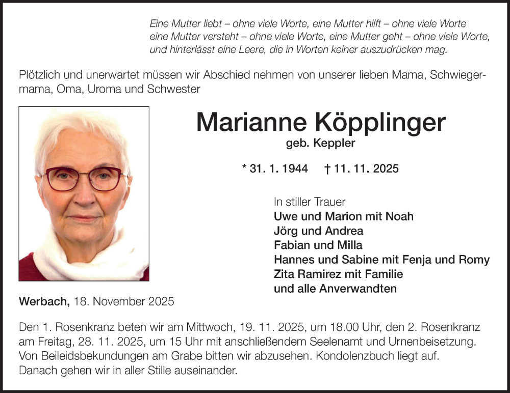 Traueranzeige für Marianne Köpplinger vom 18.11.2025 aus Fränkische Nachrichten