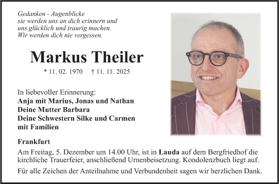 Traueranzeige von Markus Theiler von Fränkische Nachrichten