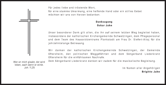 Traueranzeige von Oskar Jahn von Schwetzinger Zeitung