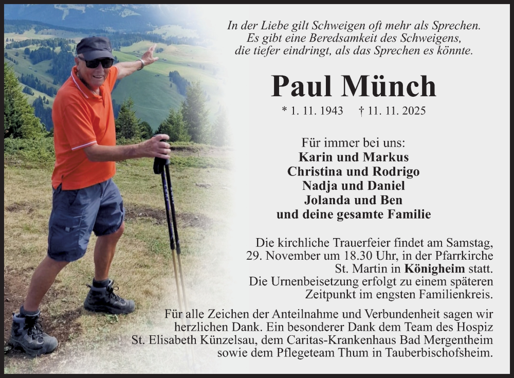  Traueranzeige für Paul Münch vom 25.11.2025 aus Fränkische Nachrichten
