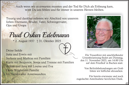 Traueranzeige von Paul Oskar Edelmann von Fränkische Nachrichten