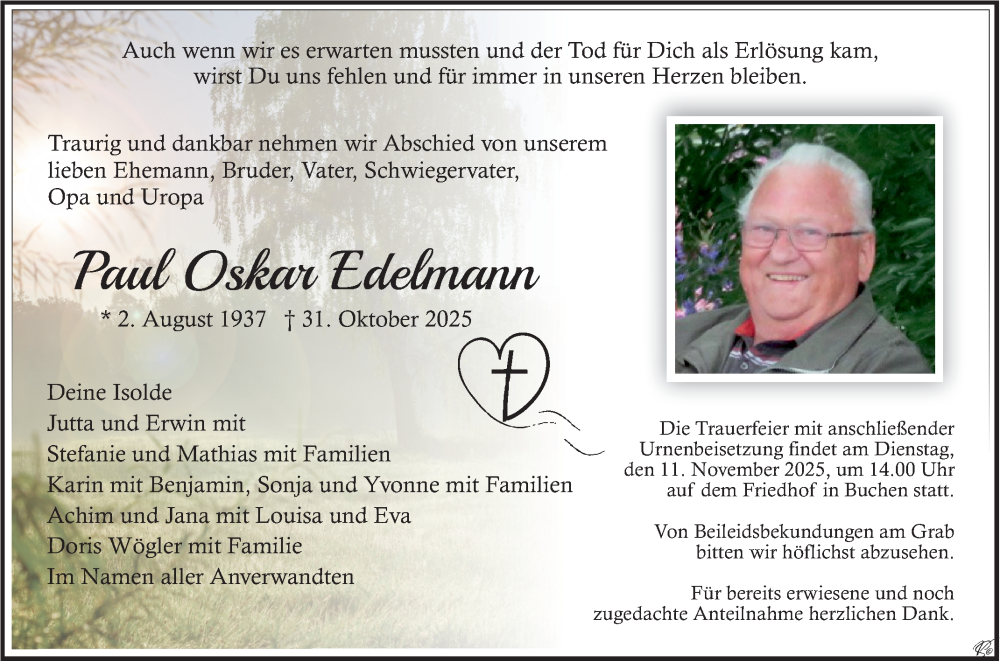  Traueranzeige für Paul Oskar Edelmann vom 08.11.2025 aus Fränkische Nachrichten