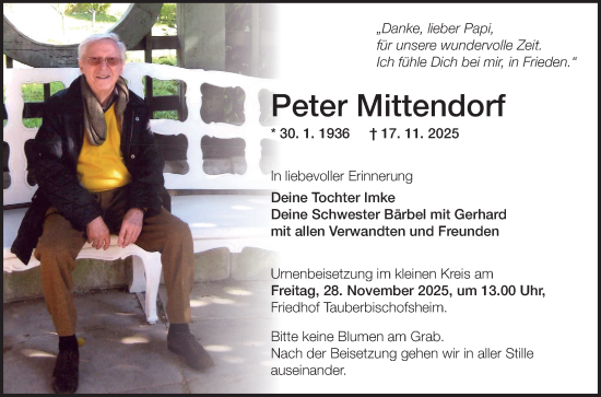 Traueranzeige von Peter Mittendorf von Fränkische Nachrichten