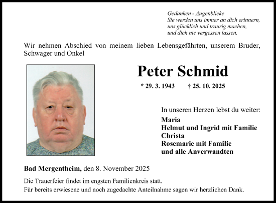 Traueranzeige von Peter Schmid von Fränkische Nachrichten