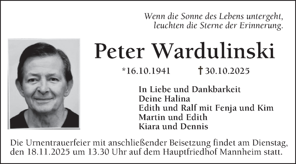  Traueranzeige für Peter Wardulinski vom 08.11.2025 aus Mannheimer Morgen