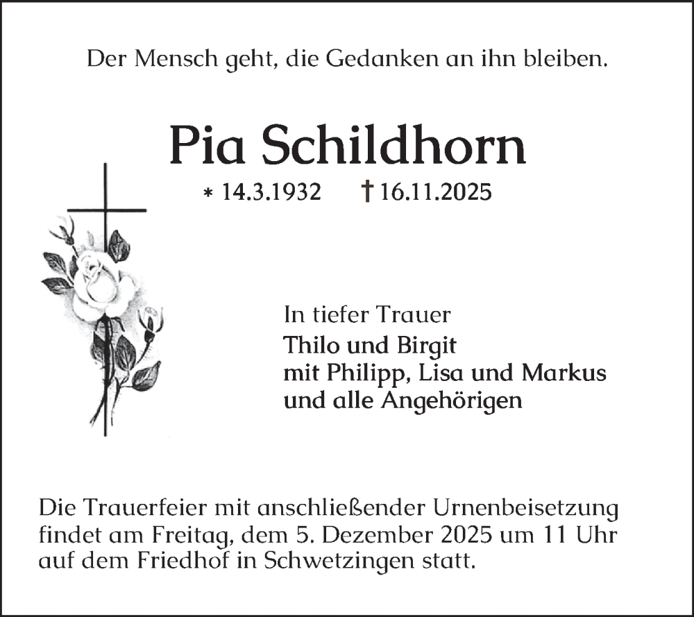  Traueranzeige für Pia Schildhorn vom 29.11.2025 aus Schwetzinger Zeitung