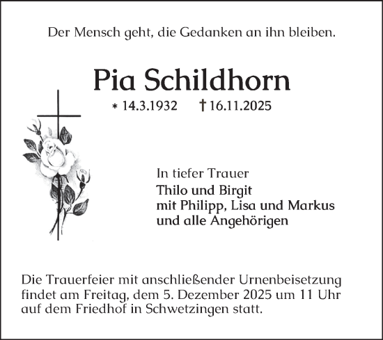 Traueranzeige von Pia Schildhorn von Schwetzinger Zeitung