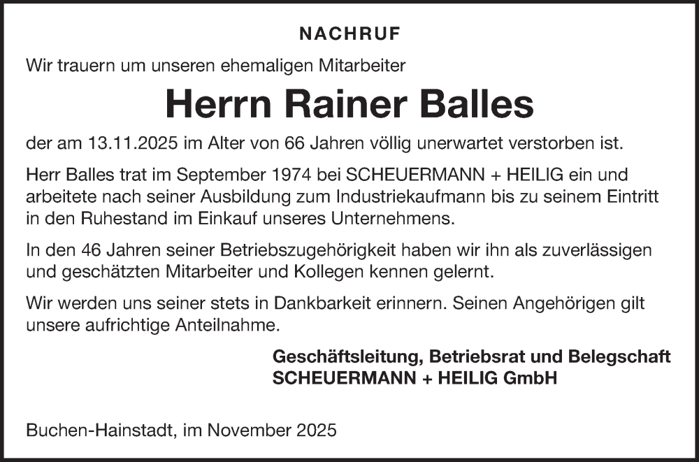  Traueranzeige für Rainer Balles vom 22.11.2025 aus Fränkische Nachrichten