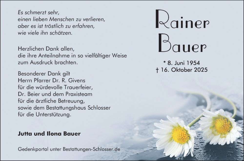  Traueranzeige für Rainer Bauer vom 15.11.2025 aus Mannheimer Morgen