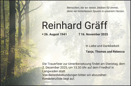 Traueranzeige von Reinhard Gräff von Bergsträßer Anzeiger