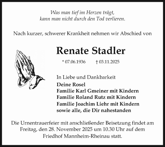 Traueranzeige von Renate Stadler von Mannheimer Morgen