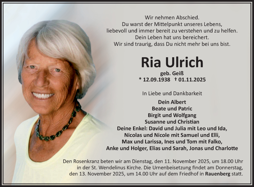  Traueranzeige für Ria Ulrich vom 08.11.2025 aus Fränkische Nachrichten