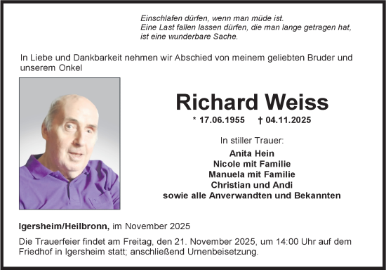 Traueranzeige von Richard Weiss von Fränkische Nachrichten