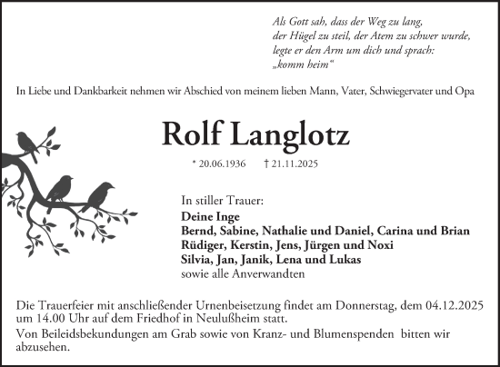 Traueranzeige von Rolf Langlotz von Schwetzinger Zeitung