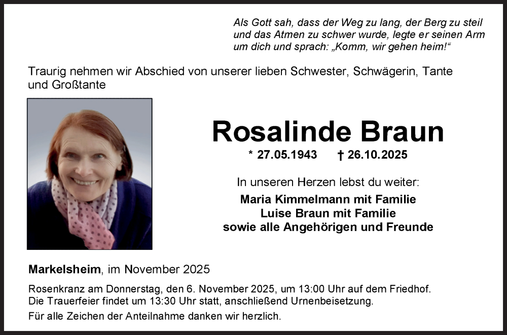  Traueranzeige für Rosalinde Braun vom 03.11.2025 aus Fränkische Nachrichten