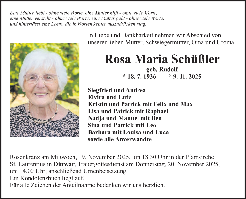  Traueranzeige für Rosa Maria Schüßler vom 15.11.2025 aus Fränkische Nachrichten