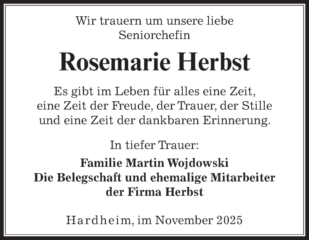  Traueranzeige für Rosemarie Herbst vom 01.12.2025 aus Fränkische Nachrichten