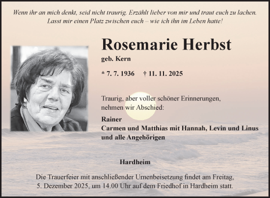 Traueranzeige von Rosemarie Herbst von Fränkische Nachrichten