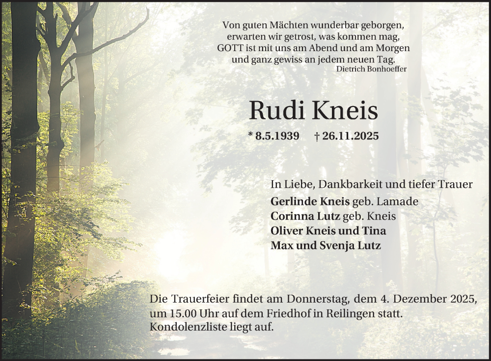  Traueranzeige für Rudi Kneis vom 29.11.2025 aus Schwetzinger Zeitung